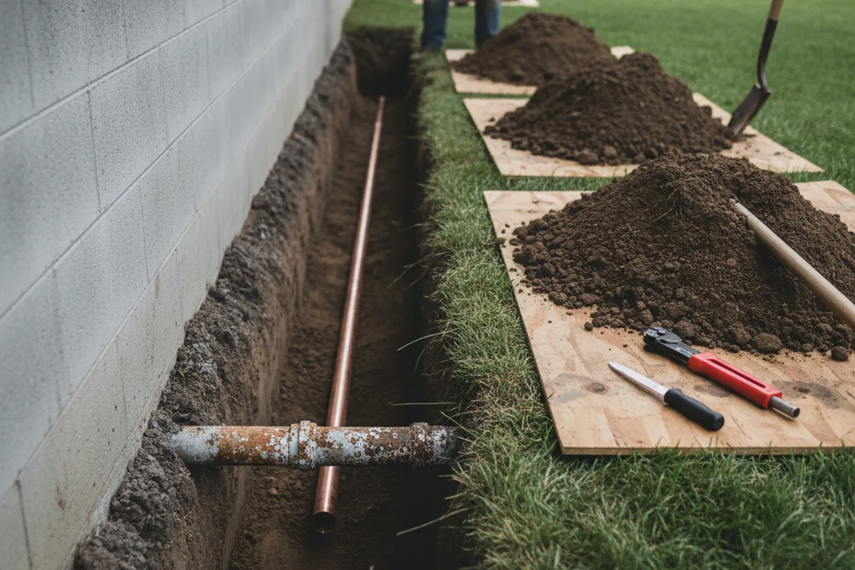 Excavated water line trench during Sewer Line Repair in Pasadena